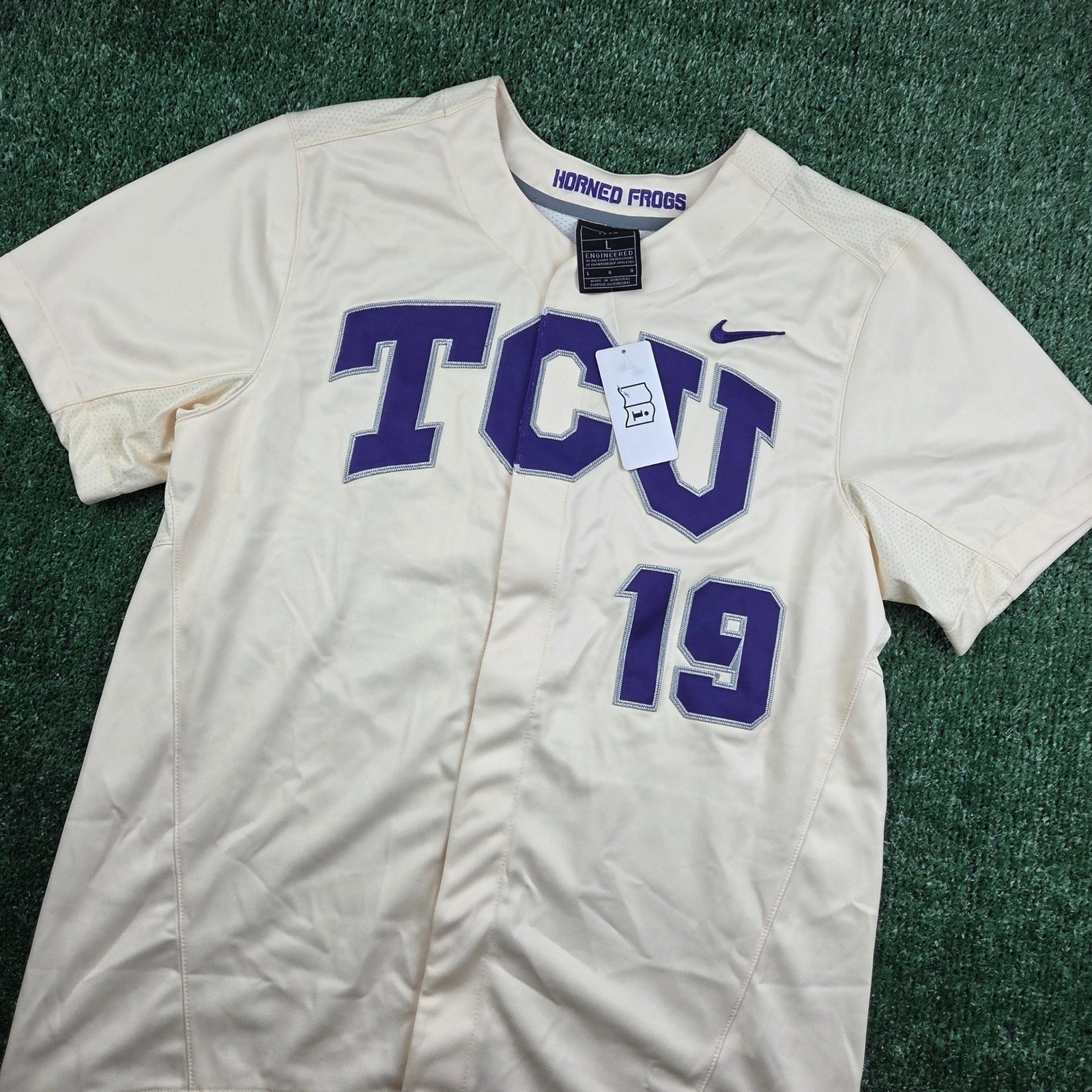 Nwt Nike Tcu Horned Frogs Baseball Jersey Cream Purple Stitched Mens Large
